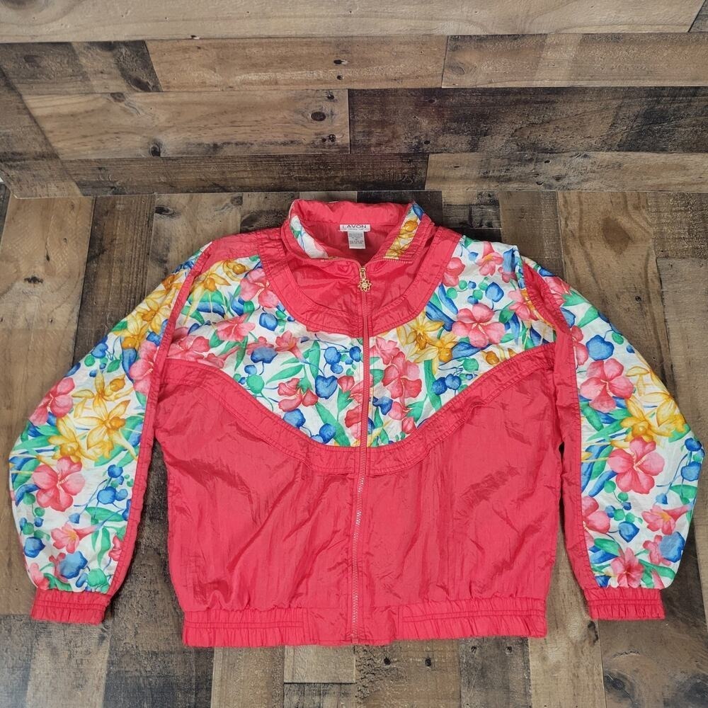 Lavon Jacket Nylon Windbreaker Pink Floral Vintage Medium w/ Shoulder Pads
